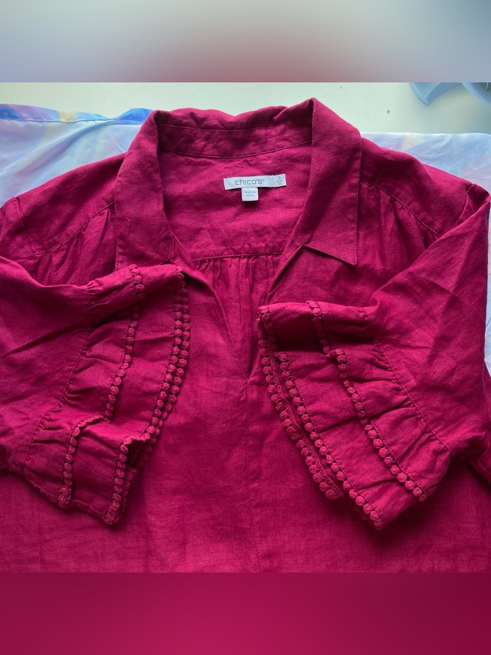 100% Linen Short Sleeve V-Neck Midi Dress w/Pockets in Raspberry | chico’s - Picture 12 of 13